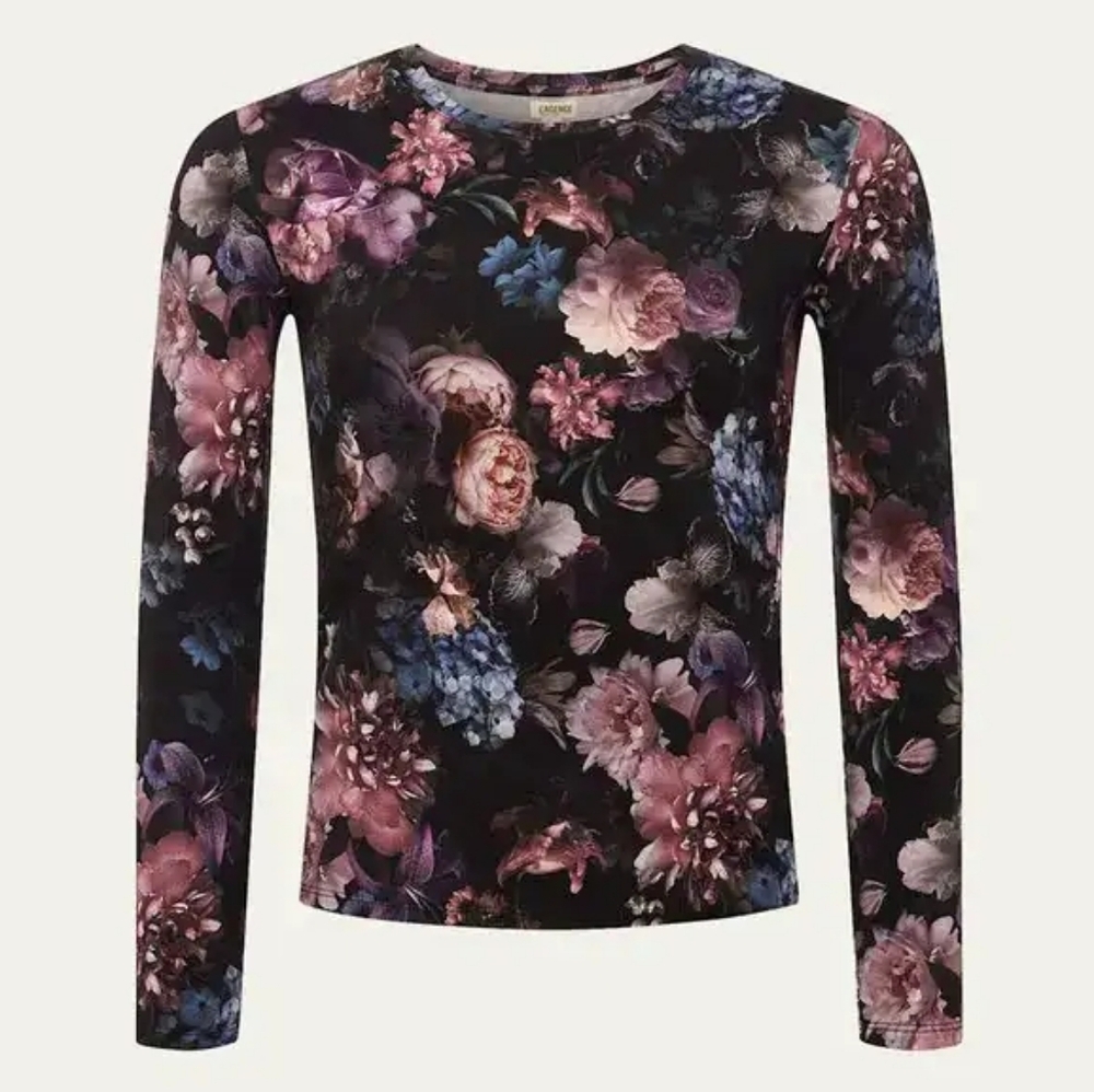 L'Agence Tess Black Vintage Oil Flower Long Sleeve T-Shirt Large New